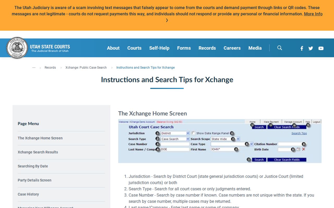 Springville resident lookup Utah Courts Xchange search fields